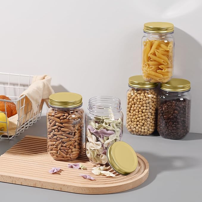 novelinks 16 oz Clear Plastic Jars with Screw-On Lids - BPA-Free Refillable Storage Containers for Slime, Food, Crafts, Kitchen & Household Use (24 Pack,Gold)