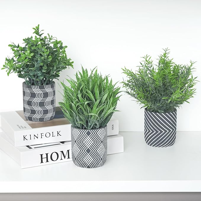 3 Pack Small Fake Plants, Fake Grass Plant, Artificial Boxwood & Rosemary with Geometric Pattern Cement Pots, Small Potted Faux Greenery for Home Decor, Bathroom, Office, Farmhouse Decoration