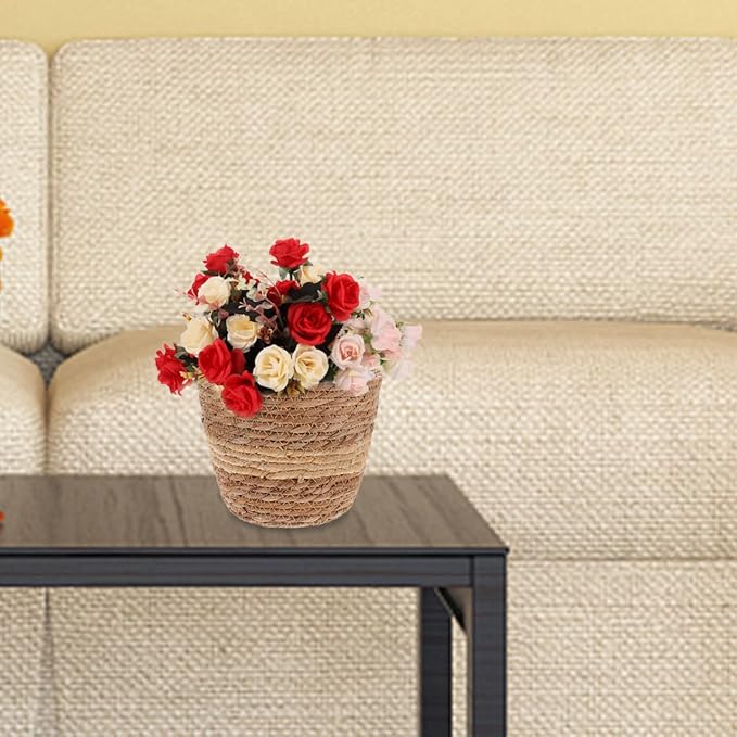 Zerodeko Flower Girl Basket Woven Plant Basket Seagrass Belly Rattan Flower Pot Wicker Planter Pen Pencil Holder Rustic Plant Pot Grocery for Laundry Picnic 18cm Home Decor