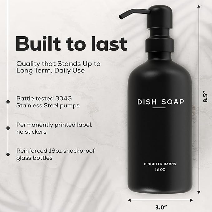 Black Glass Hand and Dish Soap Dispenser Set by Brighter Barns - Kitchen Soap Dispenser Set & Pump - Glass Bottles for Kitchen Sink - Modern Farmhouse Counter Decor, Neutral Home Decor, Gifts (Black)