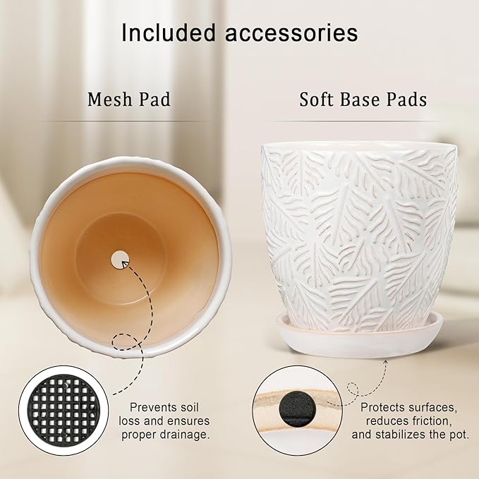 6 Inch Ceramic Plant Pots, Indoor Plant Pots with Drainage Hole & Saucer, Flower Pots, Unique Crackle Glaze Design, White Glaze - Set of 2