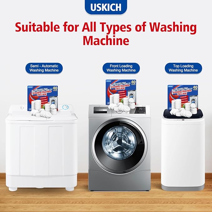 USKICH Washing Machine Cleaner Descaler 40 Pack-Deep Cleaning Tablets For HE Front Loader & Top Load Washer,Washer Machine Cleaning Tablets Clean Inside Drum and Laundry Tub Seal,Septic Safe