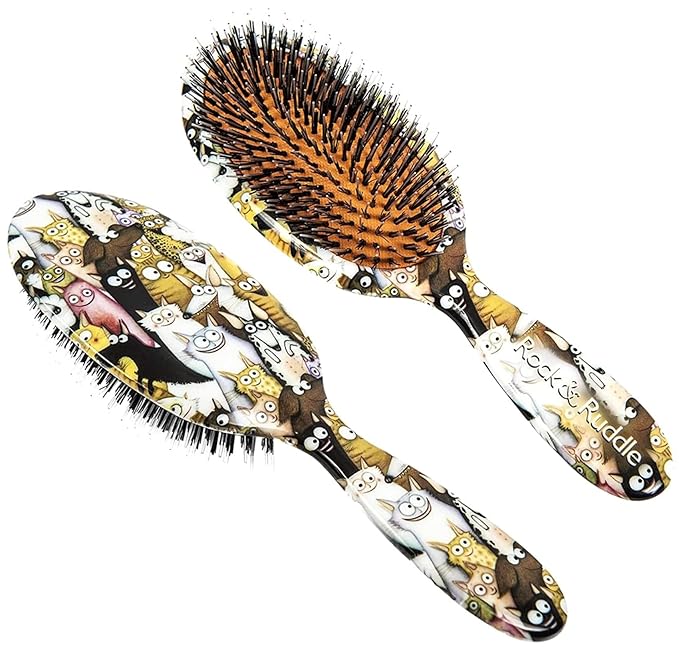 Rock & Ruddle Natural Mixed Boar Bristle Hair Brush for Women and Kids (Large, 21cm) - Perfect for Wet or Dry Hair, Detangling Smoothing Blowdrying - Designed & Made in UK - Cats and Dogs Design