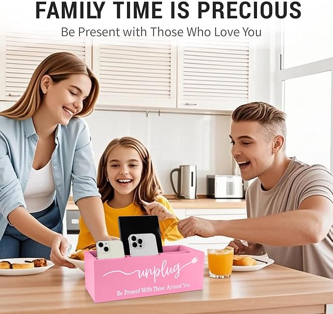 Bamboo Wood Phone Box – Unplug from Phones, Tablets, and Electronics for Study, Meetings, and Family Time, Phone Holder Organizer with Charging Holes, Farmhouse Style, Holds Up to 18 Phones-Pink