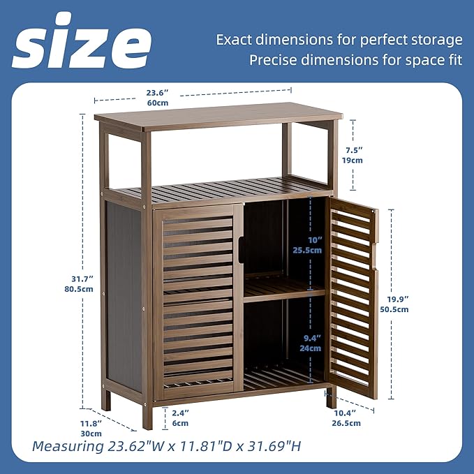 HITNET Walnut Bathroom Floor Cabinet, Bamboo Side Tall Storage Organizer, Freestanding Kitchen Cupboard with Door and Shelf
