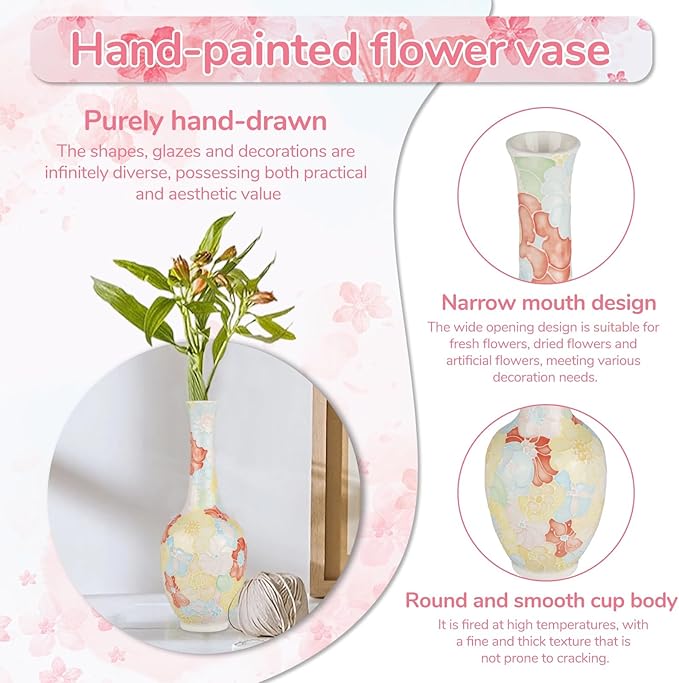 High-Temperature Fired Ceramic Vase - Non-Fading Hand-Painted Ceramic Vase with Pastel Floral Flowers for Home Decoration