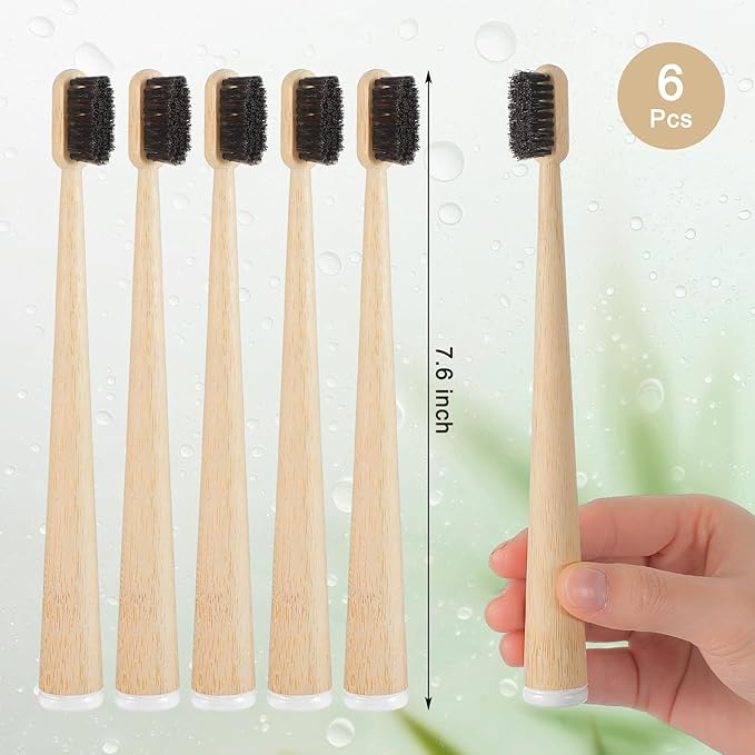 6 Pcs Horse Bristle Bamboo Toothbrush Soft Natural Bristle Bamboo Toothbrush (No Nylon, Horse Hair Only) Totally Compostable Biodegradable Zero Waste Plastic Free(Horsehair,Tail Spine)