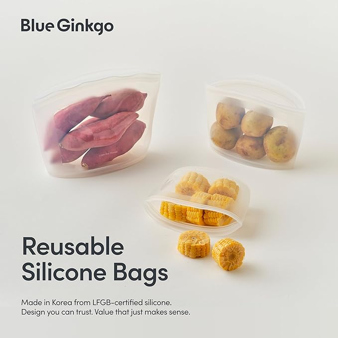 Blue Ginkgo Reusable Silicone Storage Bags – 3-Pack | Korean-Made Stand Up Food, Freezer Bags - Clear
