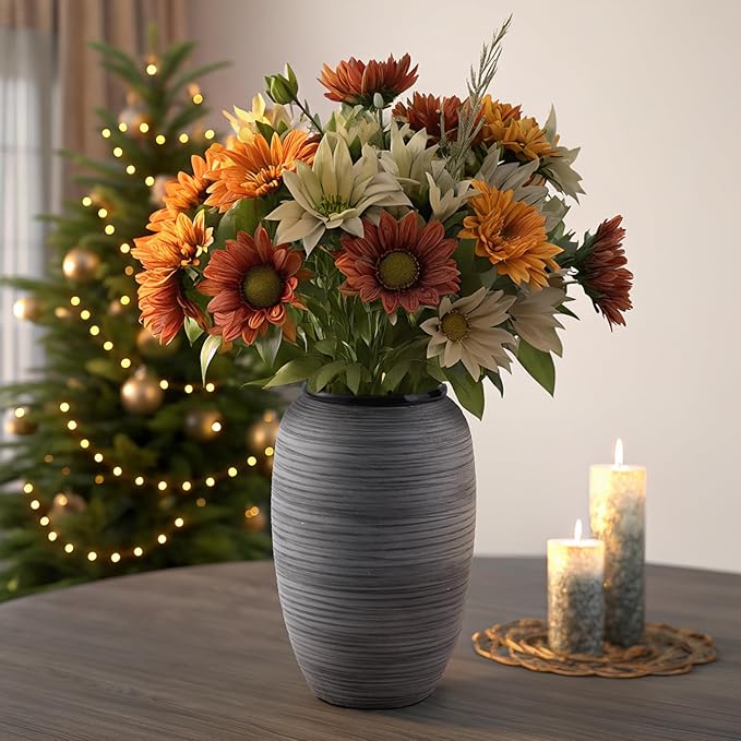 ALMA Large Black Vase Home Decor, 12'' Tall Gray Boho Decorative Vase with Wide Mouth, Ceramic Table Pampas Grass Vase for Centerpieces, Living Room, Farmhouse, Entryway, Mantel, Bookshelf