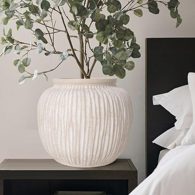 Oakrain Large Rustic Minimalist Vase, 9" Distressed Round Floor Vase for Home Decor, Farmhouse Centerpieces Planters for Living Room Indoor Outdoor Use, Vintage White