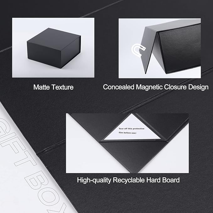 4 Pack 8x8x4 Inches Gift Boxes with Magnetic Closure Lids, Black Magnetic Box for Wedding, Groomsmen Bridesmaid Proposal, Birthdays, Mother's Day