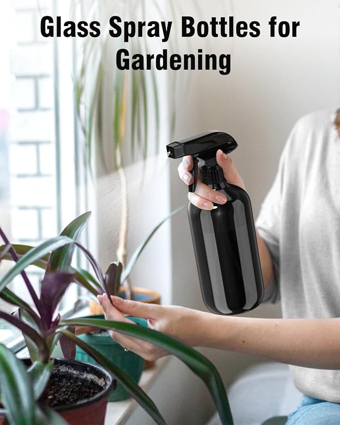 Glass Spray Bottle, Black Glass Spray Bottle Set & Accessories Refillable for Plants Window Cleaners Aromatherapy Facial hydration Watering Flowers Hair Care (2 Pack/16oz) (Black)