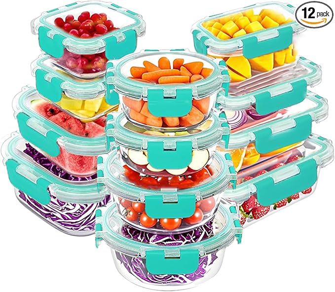 VERONES 12 Packs Glass Food Storage Containers Set, Airtight Glass Lunch Containers, Glass Meal Prep Containers with Lids,Exclusive of BPA, for Microwave, Oven, Freezer & Dishwasher Friendly,Green