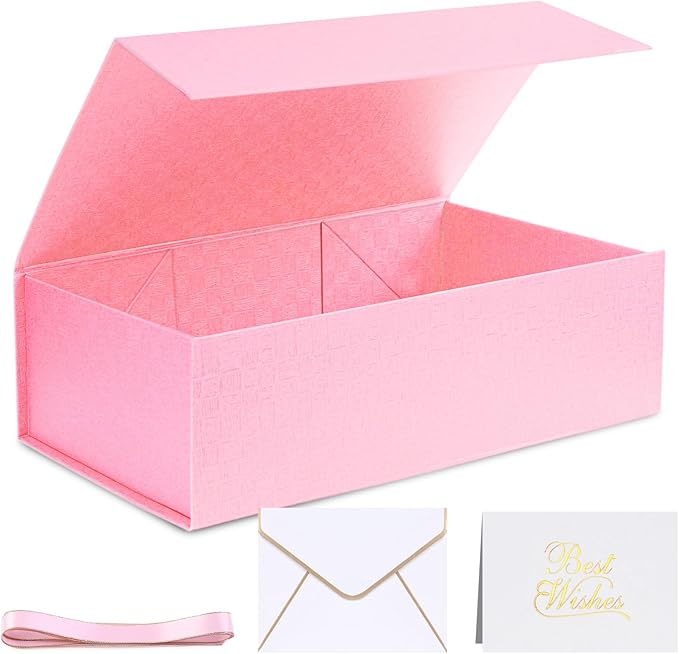 VGOODALL Pink Gift Box with Lid 14x8.7x4.3inches Magnetic Gift Box with Ribbon Greeting Card for Presents Birthdays Graduation Weddings