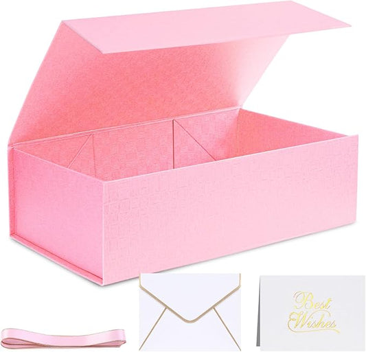 VGOODALL Pink Gift Box with Lid 14x8.7x4.3inches Magnetic Gift Box with Ribbon Greeting Card for Presents Birthdays Graduation Weddings