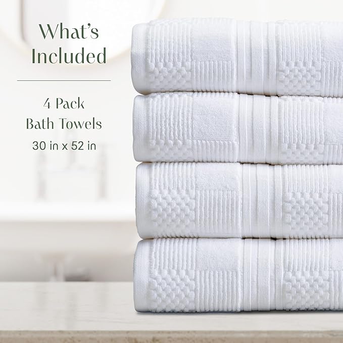 Springtree Home 100% Cotton Bath Towel Set of 4 | White Towels | Geometric Textured Design | Absorbent & Quick-Dry | 4 Bath Towels | Oeko-TEX® Standard 100 Cotton | Myla Collection - White