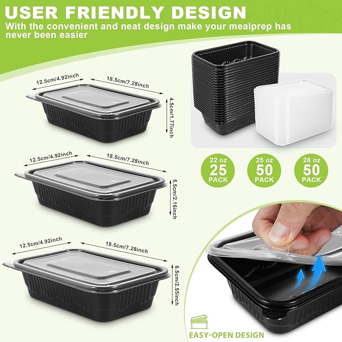 50-Pack Meal Prep Containers, 25 Oz 1-Compartment to go Food Containers with Lids, Reusable Lunch Box |BPA Free|Stackable, Microwave/Dishwasher/Freezer Safe