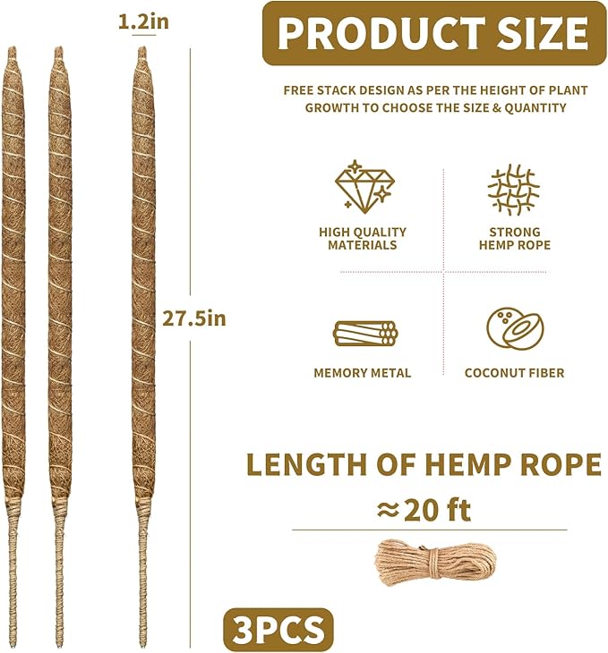 3 Pack Moss Pole Monstera Plant Support, 28 Inch Bendable Moss Poles for Climbing Plants with 20 FT Jute Ropes, Coco Coir Moss Pole Kit Support for Indoor Potted Plants, Pothos, Philodendron