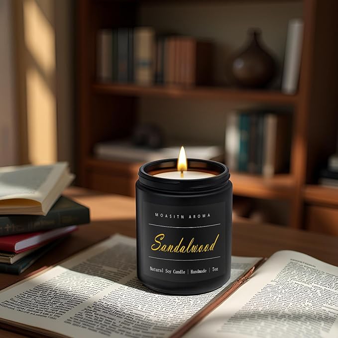 MOASITN Sandalwood Scented Candles for Home| Leather,Sandalwood,Amber Scented Soy Candle| Handmade Longlasting Aromatherapy Candle| Jar Candel Gift for Women,Men for Spring,Birthday,Relaxing|7oz