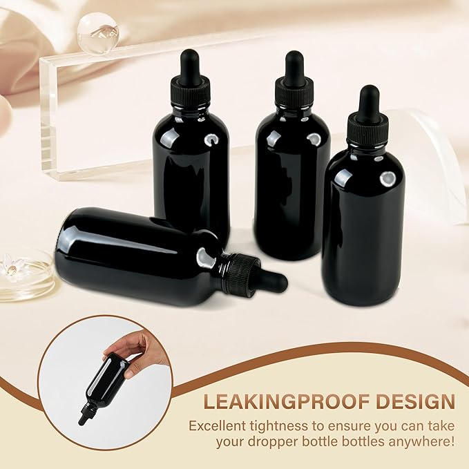 4 Pcs 4oz Black Glass Eye Dropper Bottle, Tincture Bottles With Leak-Proof Design, Stronger Suction for All Kinds of Mixed Liquids