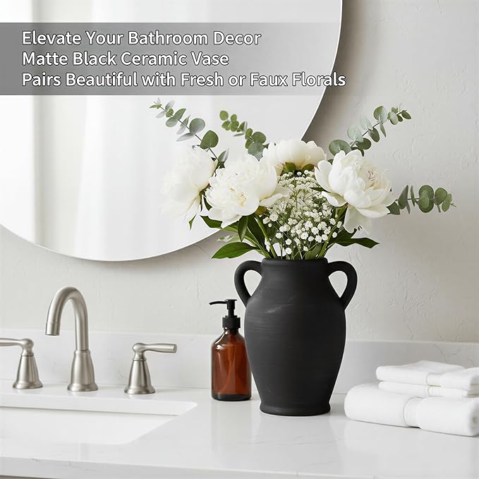 8.1-Inch Black Ceramic Flower Vase with Handles, Rustic Farmhouse Boho Pottery Centerpiece for Table, Living Room & Shelf
