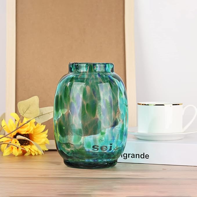 Blown Glass vase, Green Round Mouth vase, Modern Glass Art vase, Living Room Decorative vase for Living Room, Kitchen, Wedding, Dining Room Table, Office Centre Table with Flowers