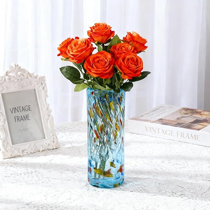 9.45" Tall Aqua Vase Hand Blown Glass Vase Green, Modern Aqua Home Centerpieces Wide Mouth Vases for Bud&Flower Decor - Ideal Living Room, Kitchen, Wedding, Dining Table, Office Center Table