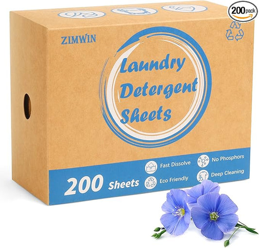 Laundry Detergent Sheets 200 Sheets, Fragrance-Free, Eco-Friendly, Plastic-Free, Hypoallergenic, Liquidless Washing Supplies for Dorm Travel Camping, 200 Loads