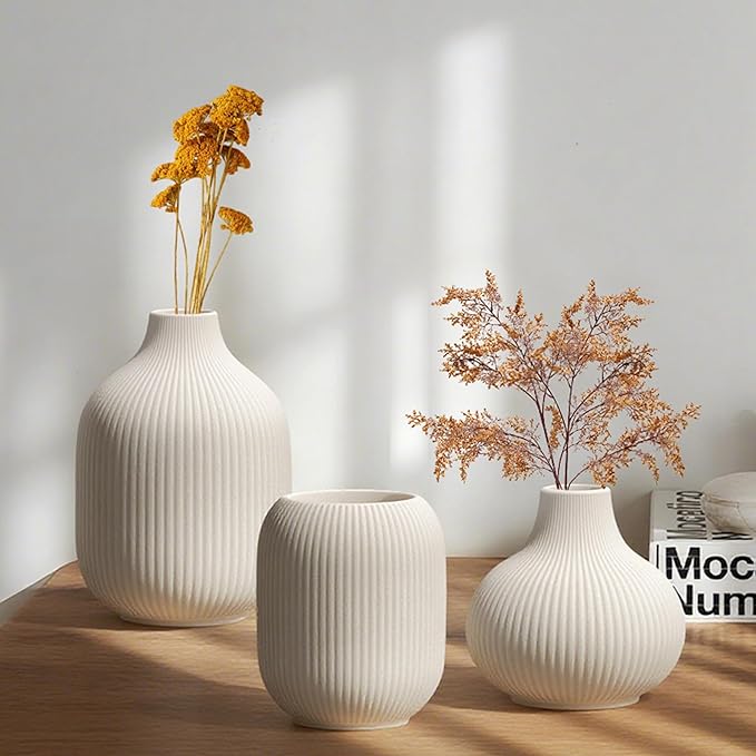 White Ceramic Vases Set of 3, Modern Minimalist Ribbed Vases for Centerpiece, Home Office Shelf Decor, Farmhouse Kitchen Bathroom Bedroom Living Room Decor