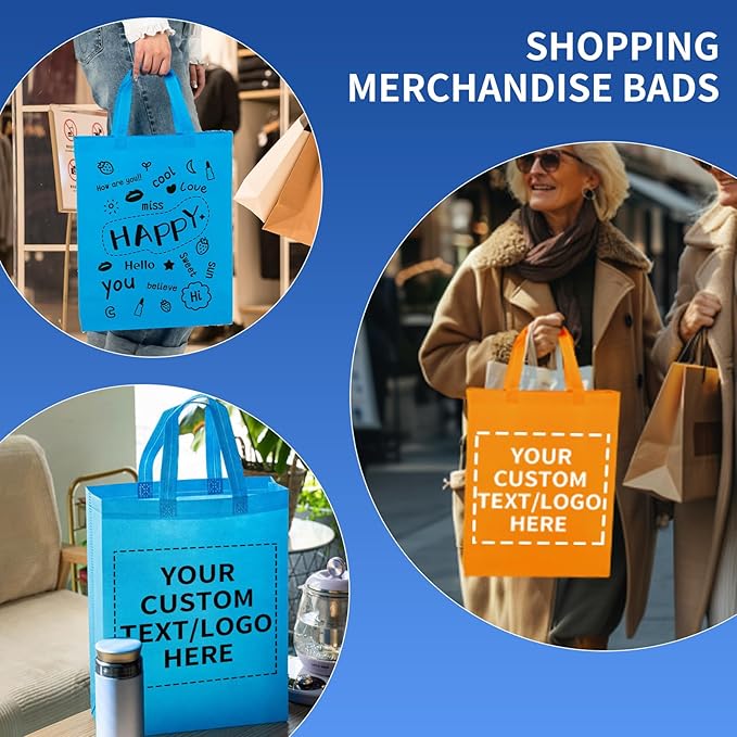 RACETOP 100 Pcs Custom Tote Bags with Handle, Non-woven Bags Reusable, Ideal for Sales,Business Activities,Parties,Store,12 * 4 * 15in