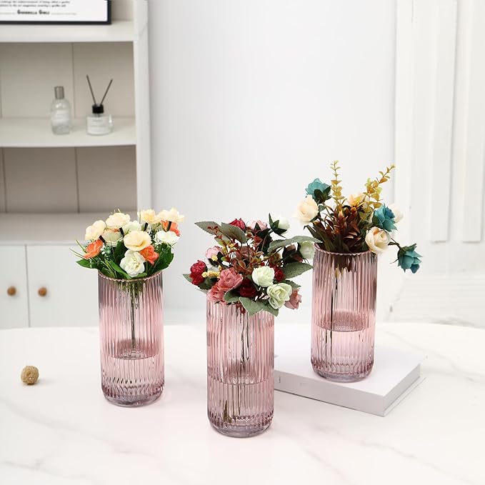 Pink Glass Vases, Flower Vases Set of 3, Ribbed Glass Vase for Tulips, Tall Cylinder Glass Vases for Living Room, Bedroom, Dining Table, Office, Wedding, Bookshelf Decoration, 8 Inches