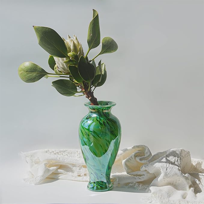 Hand Blown Green Classic Vase for Home Decor, 11.5Inch Glass Flower Vase for Shelf Decor, Living Room Decor, Centerpieces, Unique Gift for Her Mom Sister Friends