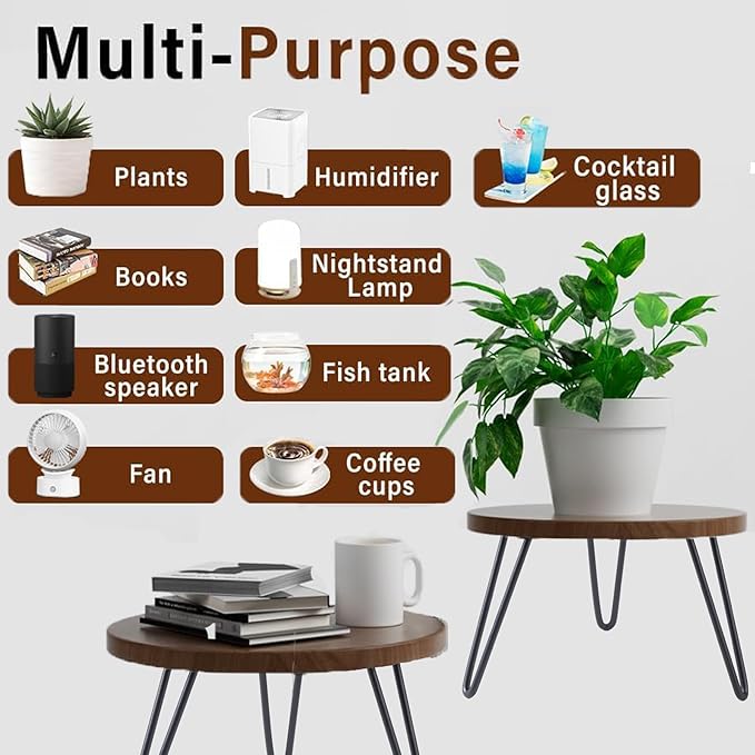 Plant Stand Indoor Outdoor, Wooden plant Stool, Mid Century Plant Stand for Indoor Plants, Wood Modern Plant Holder Rattan Flower, Low Short Boho Rustic Planter Stand Fit 5-15 Inch Pot (Walnut, L)