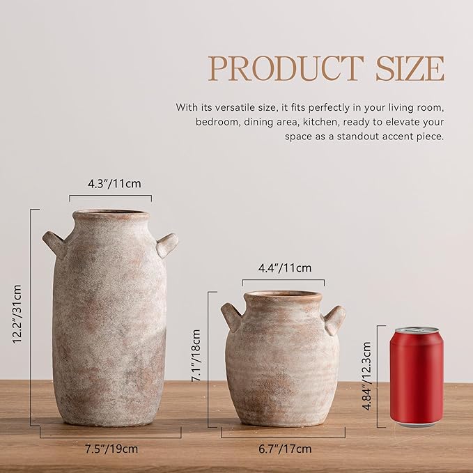 Ceramic Flower Vase Home Decor - Farmhouse Table Vases with Handle Living Room Decoration Vintage Decorative Aesthetic for Shelf Coffee Dining Desk House Bookshelf Fireplace (7.1" Retro)