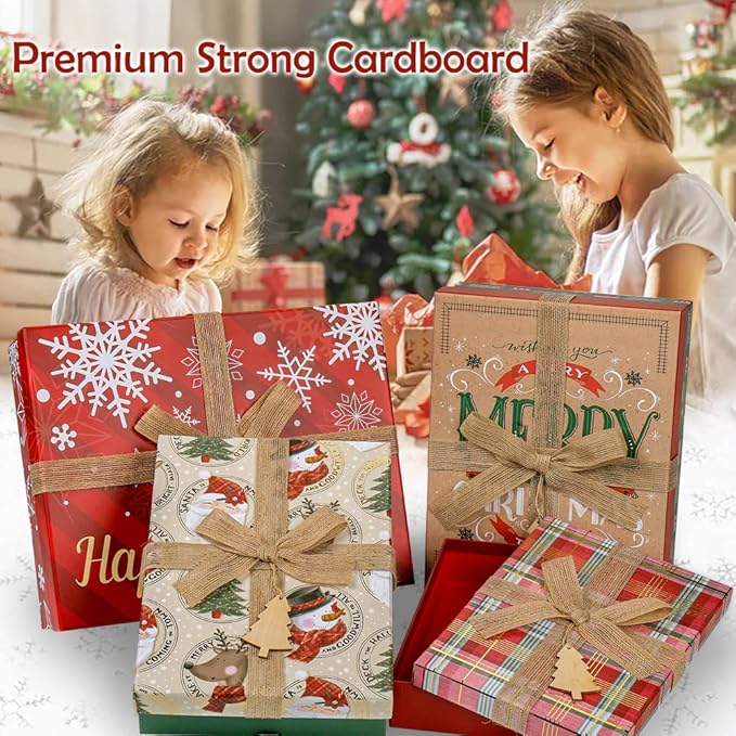 Christmas Gift Boxes with Lids for Presents Large Set of 4 Gift Boxes Bulk Red Brown in Assorted Designs with Bows Decor Wrapping Robe Boxes Xmas Gift Boxes for Christmas Birthdays Wedding Wrap Gifts