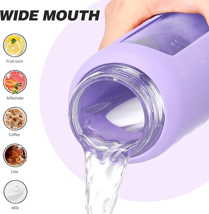 24oz Glass Water Bottle with Straw and 2 Lids-Bamboo and Spout Lid, Borosilicate Glass Water Bottle with Silicone Sleeve and Time Marker,BPA Free & Cupholder Friendly,Purple