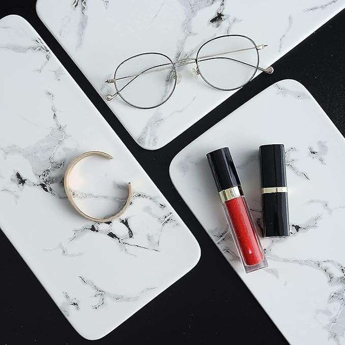 Bathroom Organizer Countertop Perfume Organizer Makeup Organizer Cosmetics Storage Display Rack Vanity Tray Dresser Stainless Steel Gold Shelf White Marble Ceramic Tray (2 Tier L-Sliver)