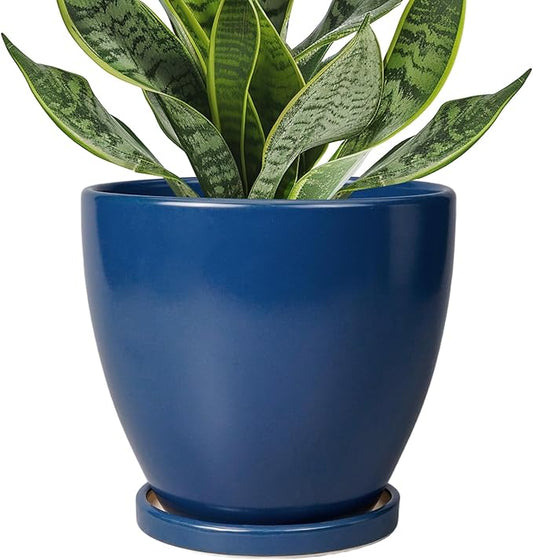 6.8 Inch Plant Pot - Ceramic Planter with Drainage Hole and Saucer, Modern Round Flower Pot, Planters for Indoor Plants, Home Garden Decor, Blue