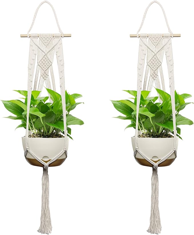 USLAI Plant Basket, Indoor Outdoor, 47 Inch, Up to 4-12 inch Pot, Heavy 20lb Planters, Macrame Extra Long Strong Hanging Planter Basket, Boho Home Decor, Set of 2 (POTS NOT Included)
