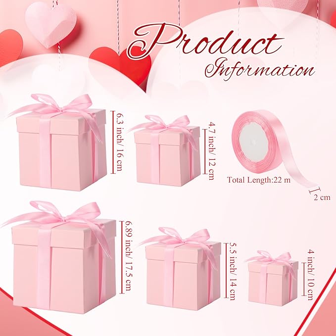 Cholemy 5 Pcs Square Nesting Boxes Decorative Gift Boxes with Lid and Ribbon Assorted Sizes Wrap for Wedding, Thanksgiving, Christmas, Anniversary, Birthday, Bridal Party(Pink)