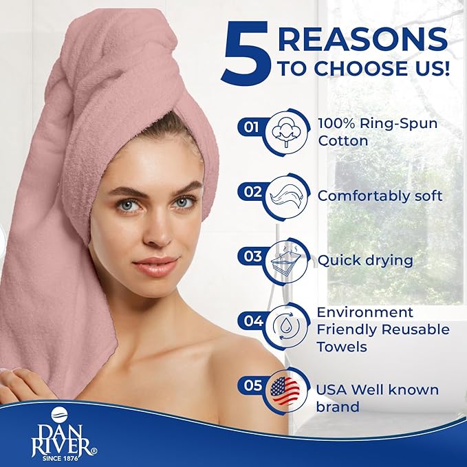 DAN RIVER 8 PC Luxury Bath Towels for Bathroom, 2 Bath, 2 Hand, and 4 Wash Cloths, 600 GSM 100% Ring Spun Cotton Towel Set, Highly Absorbent, Gym, Hotel, and Spa, Dusty Rose