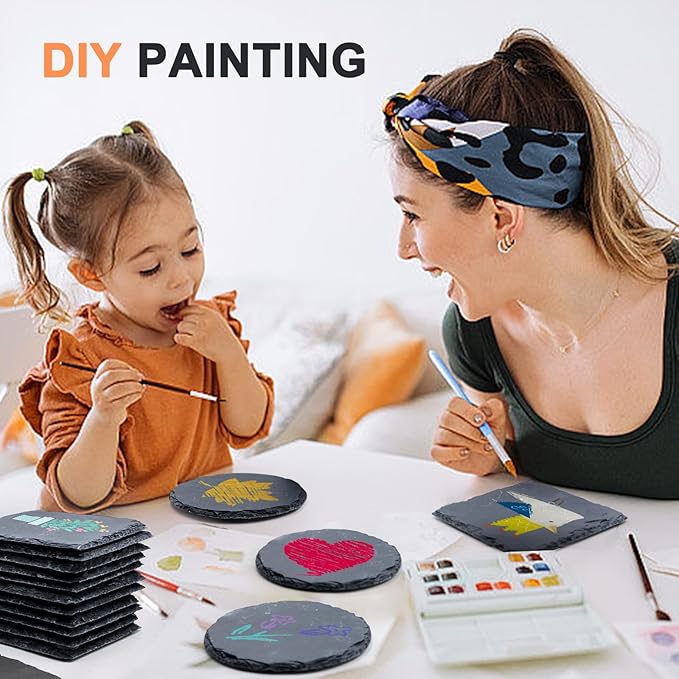 24 PCS Slate Drink Coasters, Cymuber 4 Inch Black Coasters Stone Cup Coaster Bulk Set, Laser Engraving Blanks Handmade Coaster for Halloween, Christmas, Home Decor Drink Bar Kitchen Gifts