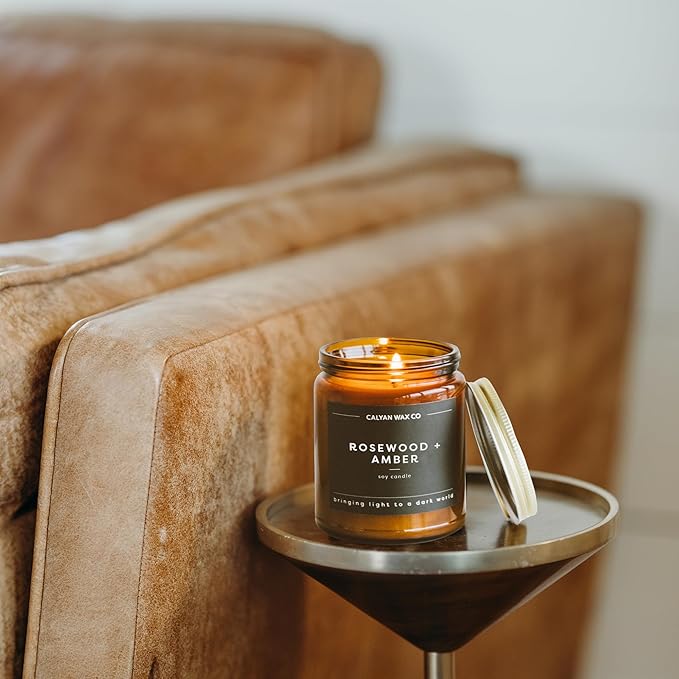 Calyan Wax Co. Rosewood & Amber Scented Candle - 57 Hour Burn - Luxury Non Toxic Soy Wax Candles - Long Lasting Amber Glass Jar Candle for Home - 7.2oz