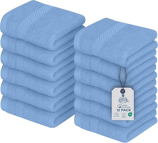 DAN RIVER 12-Pack Premium 100% Cotton Medium Blue Face Towels – Reusable Face Towel Set, Soft & Absorbent washcloths for Showering – Hand and Face Towels, 550 GSM (12x12 in)