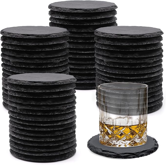 60 Pack Slate Drink Coasters, VIBRATITE 4 Inch Black Slate Stone Coasters Bulk Cup Coaster Laser Engraving Blanks with Anti-Scratch Bottom for Drink Coffee Bar Kitchen Home Decor, Round