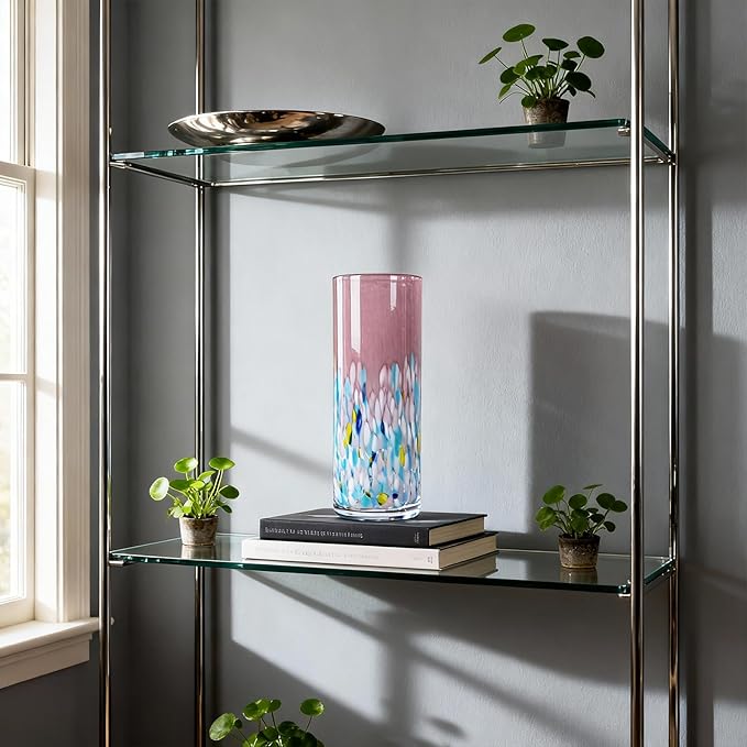 9.45" Tall Pink Vase Hand Blown Glass Vase Green, Modern Pink Home Centerpieces Wide Mouth Vases for Bud&Flower Decor - Ideal Living Room, Kitchen, Wedding, Dining Table, Office Center Table