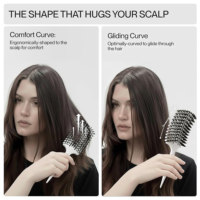 COCCO Aura Vent Boar Brush | Vented Dual-Curved Design for Faster Drying, Effortless Detangling & Shine, Boar + Nylon Bristles, Ergonomic Comfort Handle for Wet & Dry Hair Styling - White