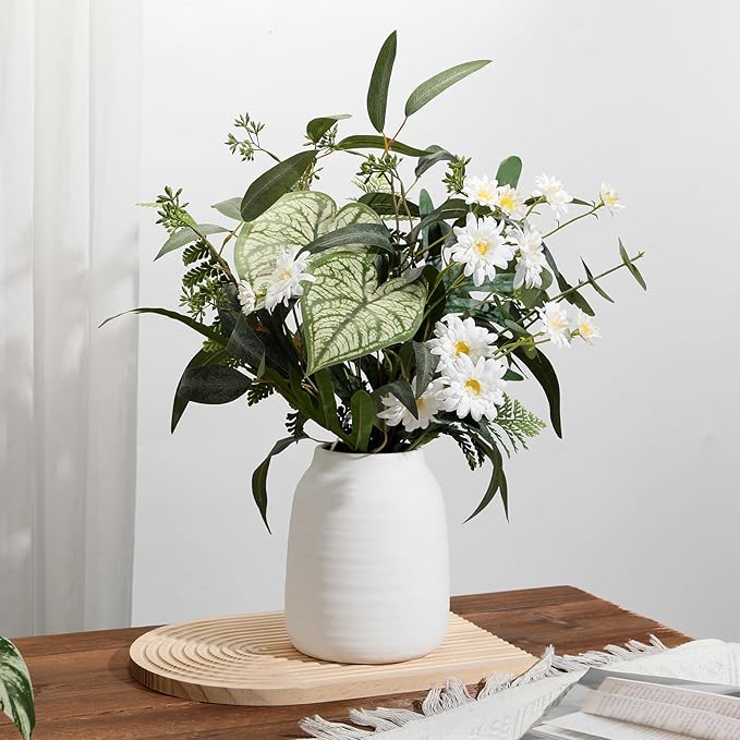Briful White Ceramic Vase for Dried Flowers – 7.1” Short Ribbed Modern Vase with 3.7” Wide Opening, Minimalist Farmhouse Table Centerpiece, Boho Home Decor for Pampas Grass, Bookshelf & Mantel Styling