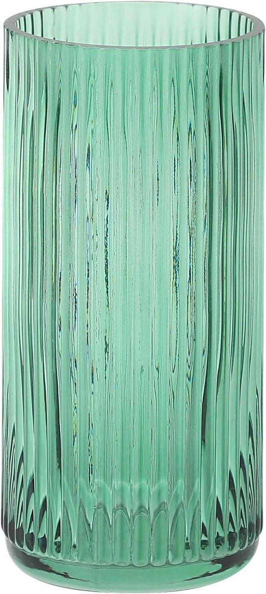 Ribbed Green Glass Vase - 8 Inch Modern Ribbed Vase for Flowers, Living Room, Bathroom, Dining Table, Office, Wedding, Centerpieces