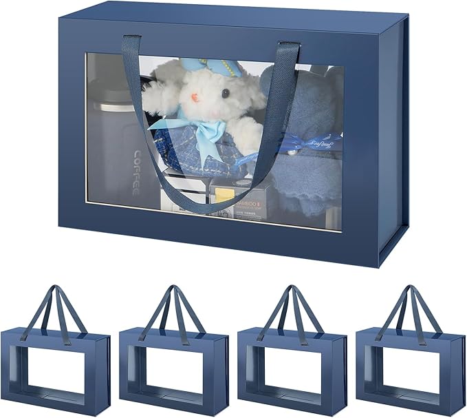 Large Navy Blue Clear Gift Boxes, 13.5x9x4.1 Inches, 5 Pack with Windows by Handles, Magnetic Closure, Suitable for Various Occasions